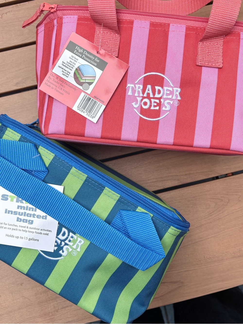 Trader Joe's Striped Insulated Lunch Tote - Pink & Red / Blue & Green - Picture 2 of 2
